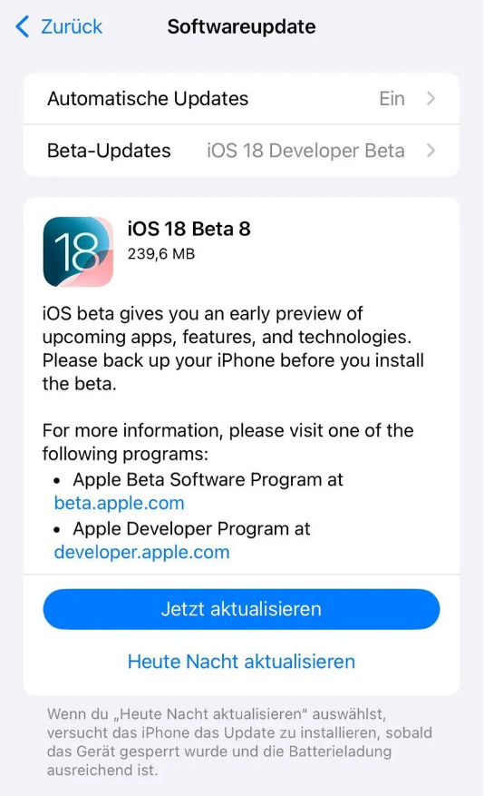 广河苹果手机维修分享苹果 iOS / iPadOS 18 开发者预览版 Beta 8 发布 